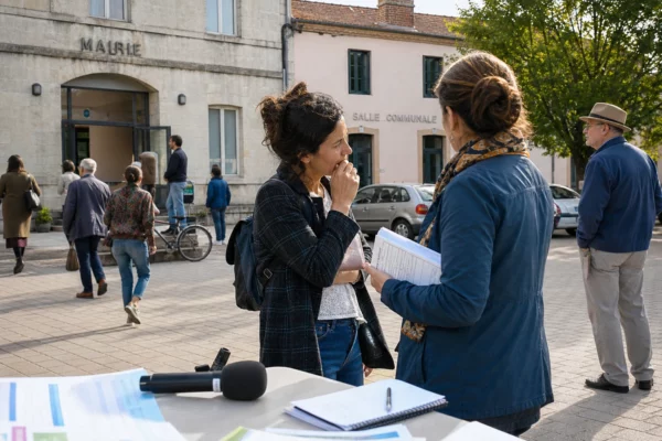 Scène de reportage sur une place de ville française avec habitants anonymes et réunion politique locale