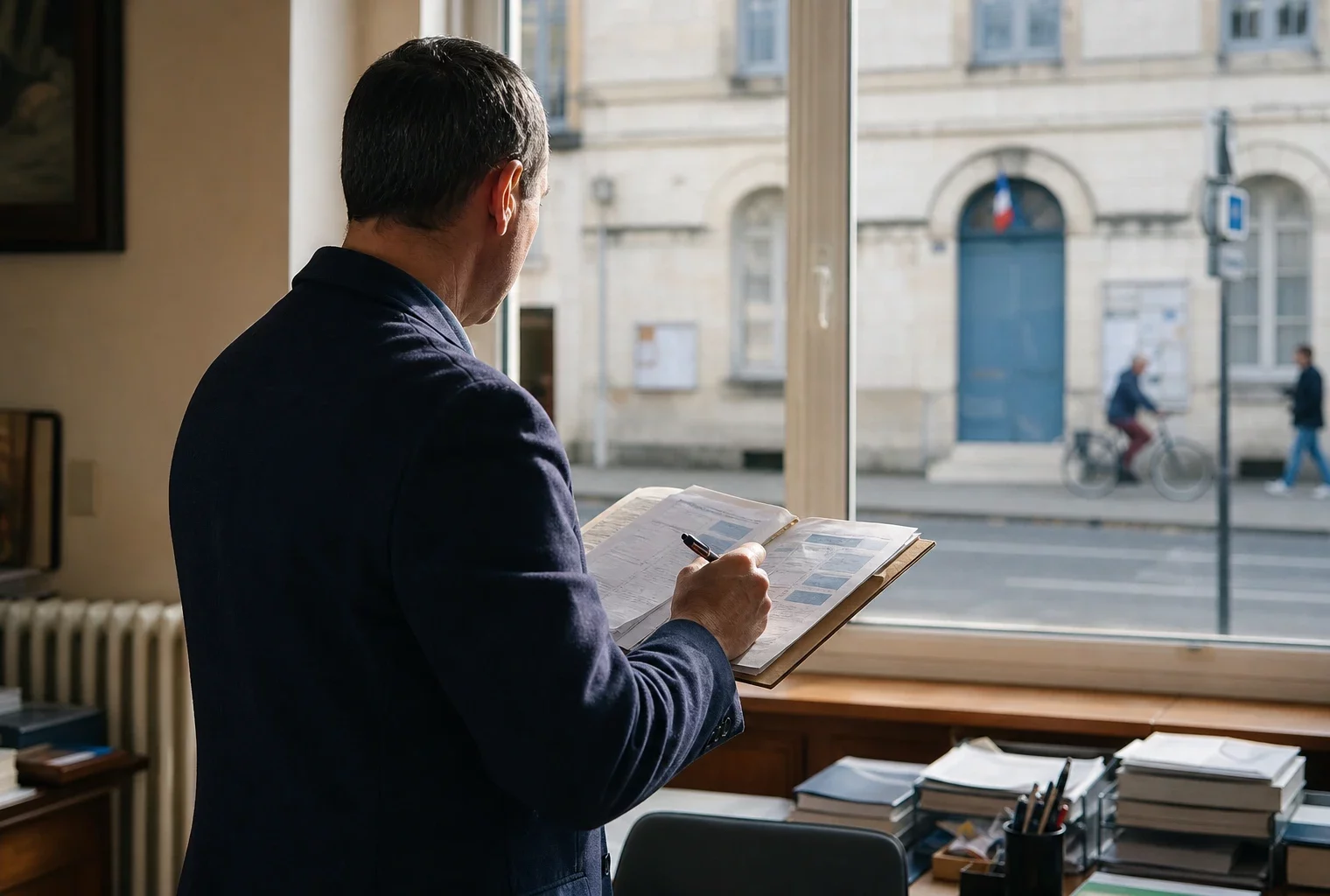 Élu local anonyme annotant un dossier dans une mairie française, avec une rue de Tourcoing en arrière-plan
