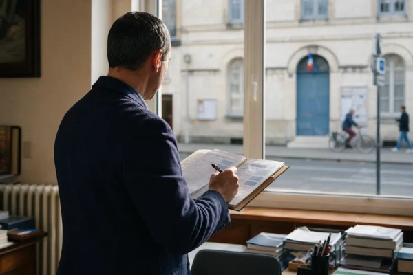 Élu local anonyme annotant un dossier dans une mairie française, avec une rue de Tourcoing en arrière-plan