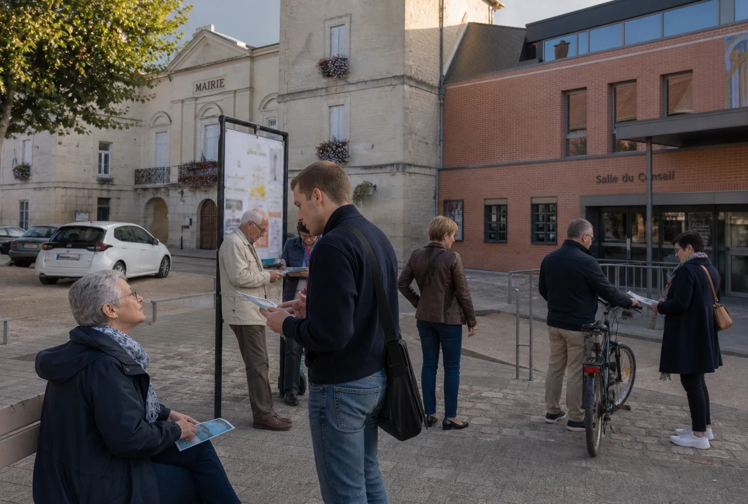 Habitants anonymes échangent sur une place de ville française près d’une mairie, dans une scène de vie démocratique locale