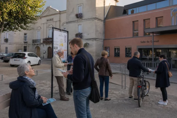 Habitants anonymes échangent sur une place de ville française près d’une mairie, dans une scène de vie démocratique locale