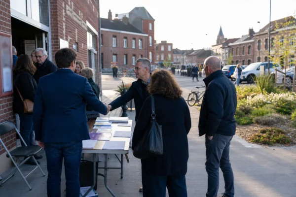 Scène de rue à Tourcoing avec habitants et élus anonymes échangeant devant une salle civique locale