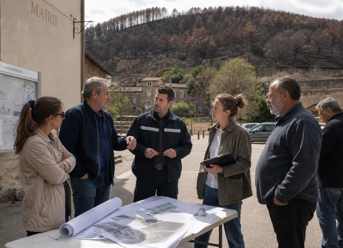 Des habitants et un technicien municipal discutent de la reconstruction d’un village touché par un incendie en France.