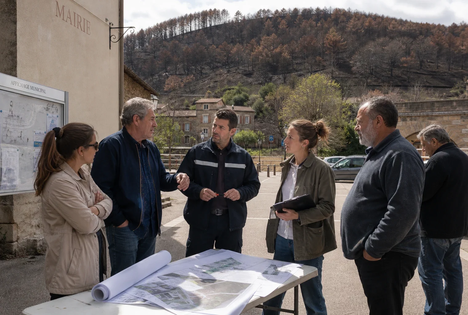 Des habitants et un technicien municipal discutent de la reconstruction d’un village touché par un incendie en France.