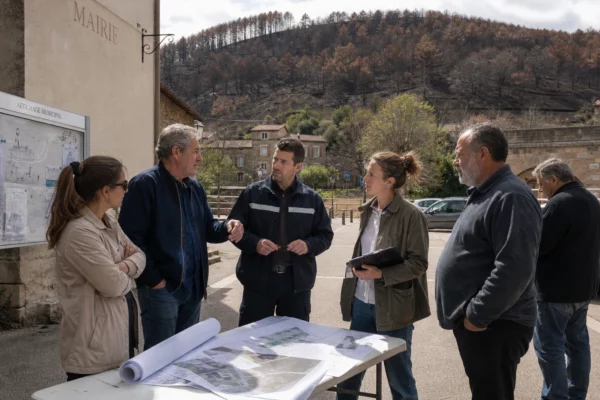 Des habitants et un technicien municipal discutent de la reconstruction d’un village touché par un incendie en France.