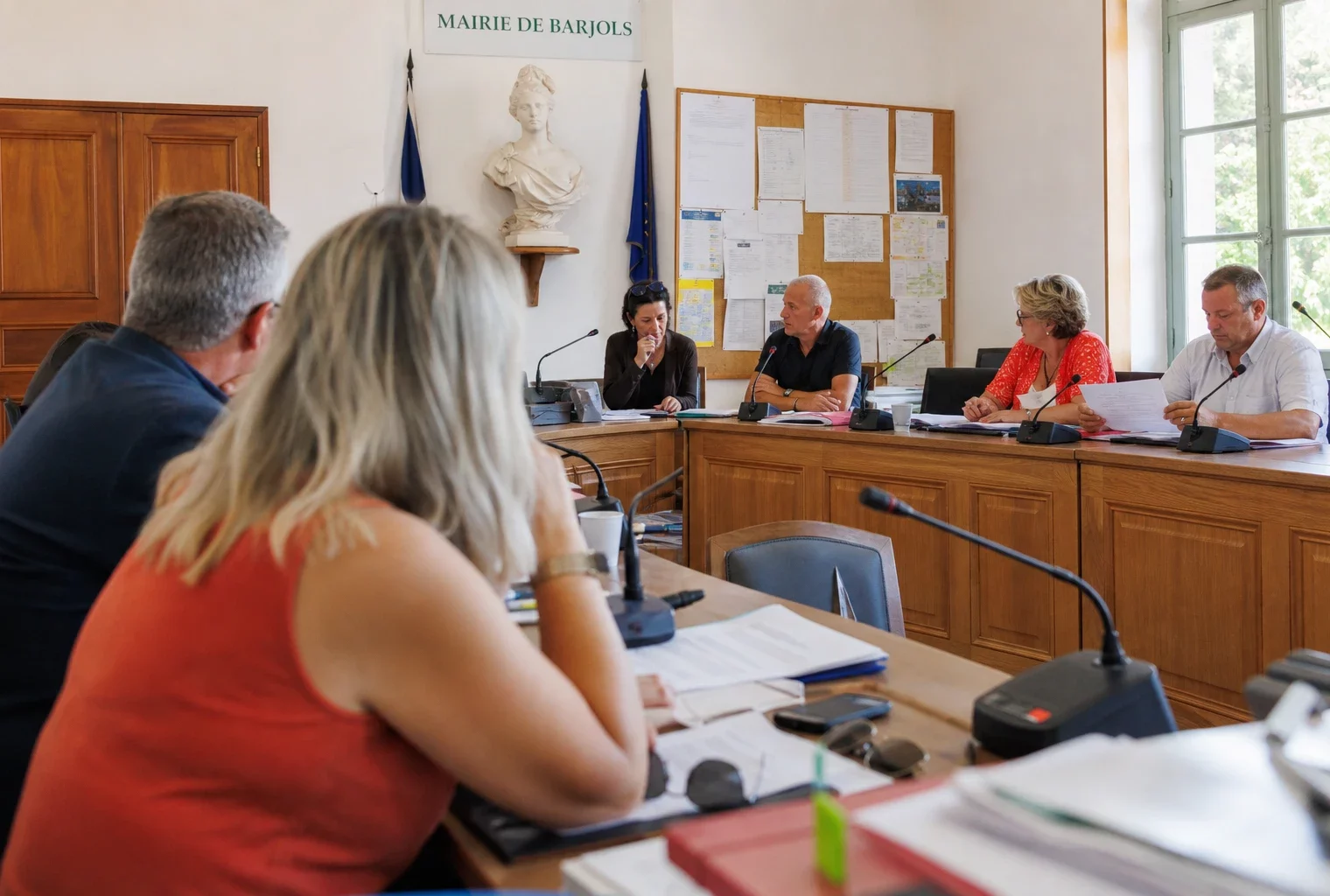 Réunion municipale à Barjols sur la reconstruction après l’incendie, avec micros, dossiers et une chaise vide