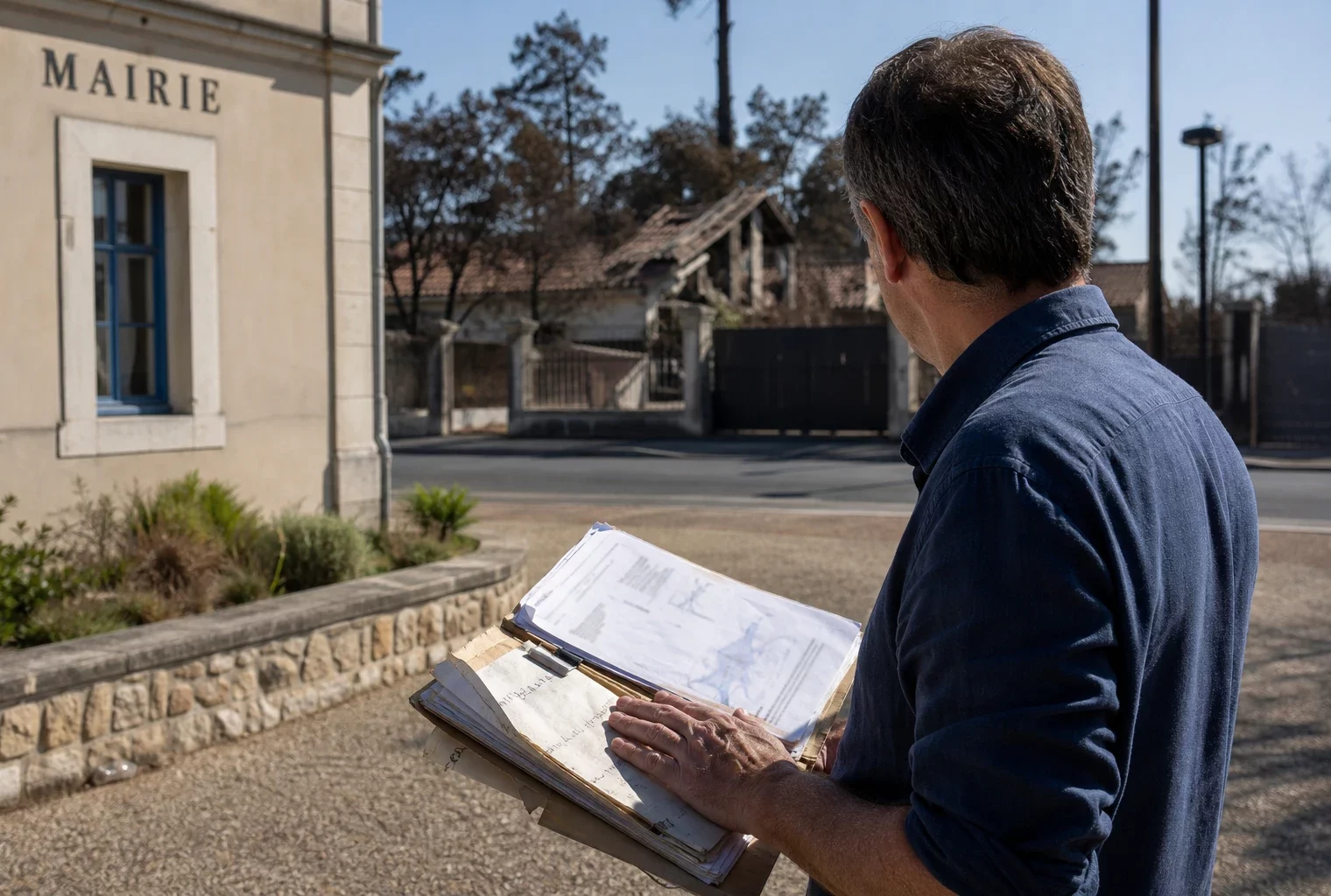 Élu local consultant un dossier après l’incendie, devant une mairie du Porge en Gironde
