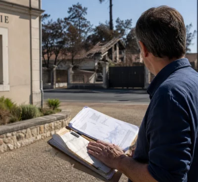 Élu local consultant un dossier après l’incendie, devant une mairie du Porge en Gironde