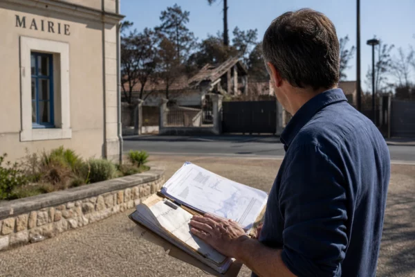 Élu local consultant un dossier après l’incendie, devant une mairie du Porge en Gironde