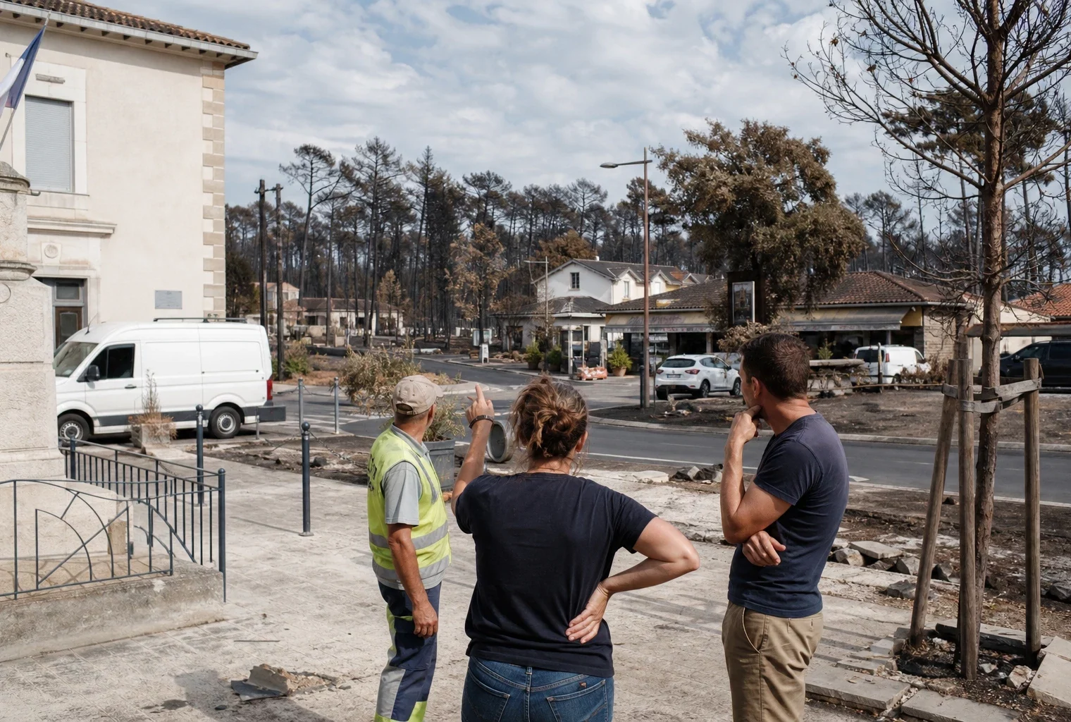 Habitants et acteurs locaux du Porge examinent les dégâts d’un incendie et les besoins de reconstruction