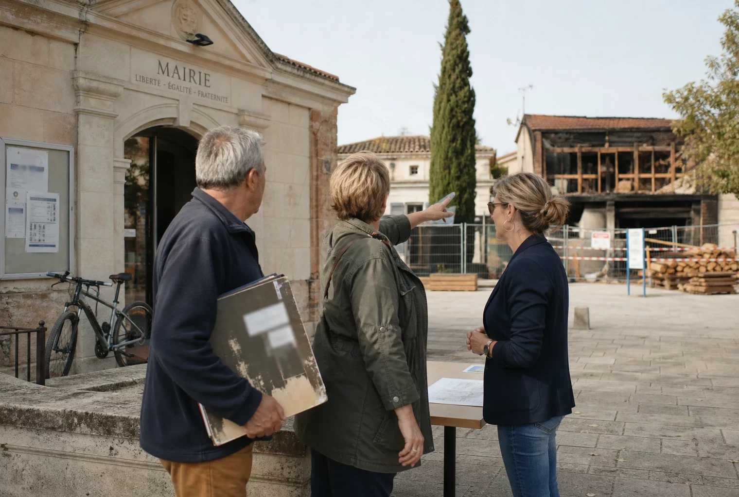 Habitants échangeant devant une mairie de Gironde sur la reconstruction après les incendies