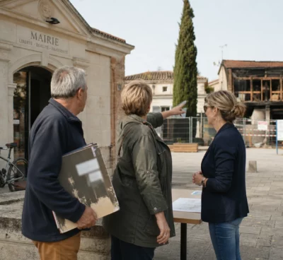 Habitants échangeant devant une mairie de Gironde sur la reconstruction après les incendies