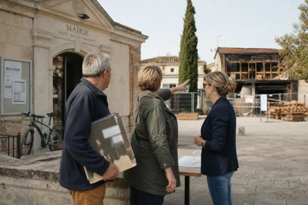 Habitants échangeant devant une mairie de Gironde sur la reconstruction après les incendies