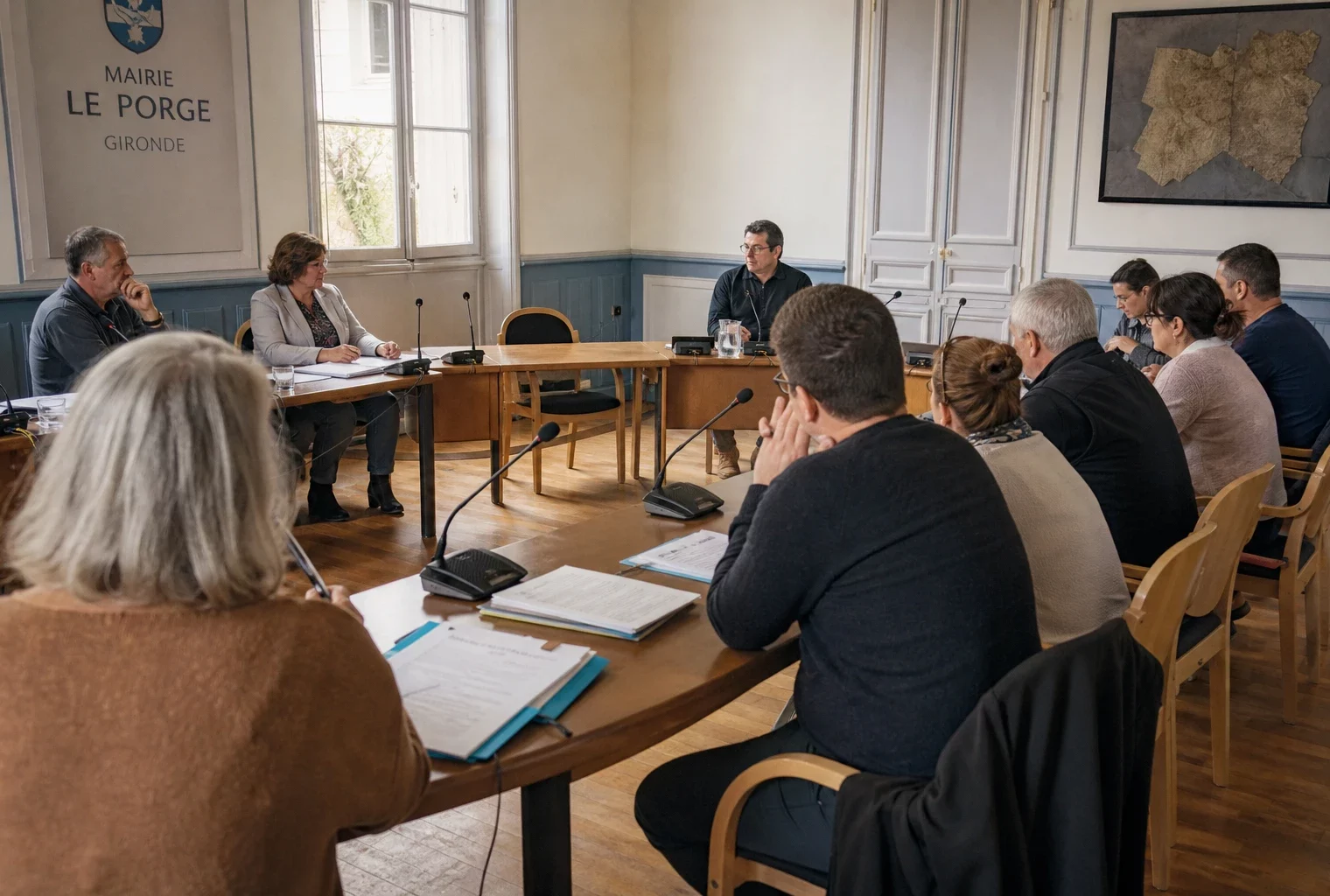 Salle municipale du Porge réunissant des élus autour de la reconstruction après les incendies en Gironde