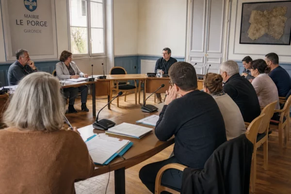 Salle municipale du Porge réunissant des élus autour de la reconstruction après les incendies en Gironde