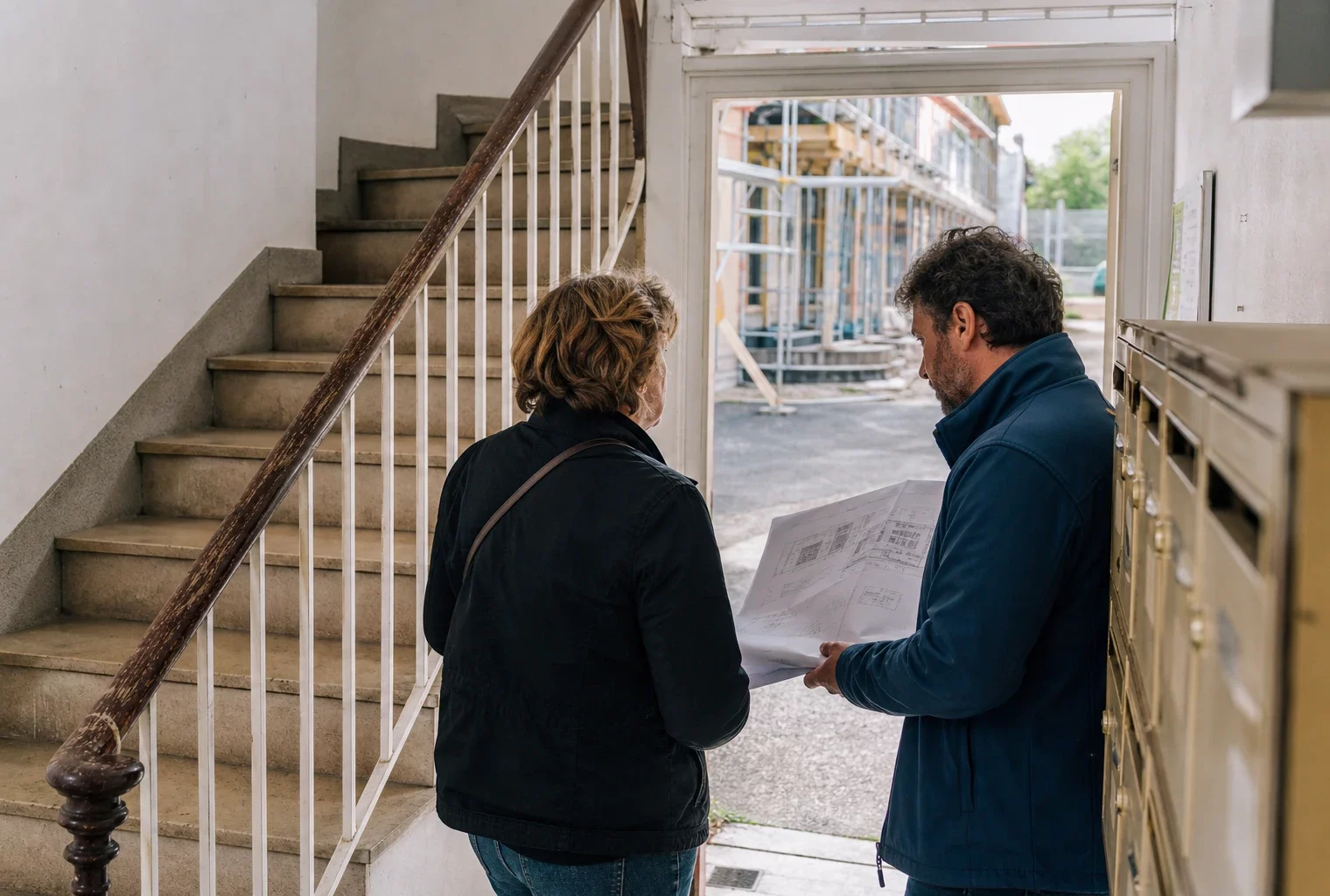 Habitants anonymes dans la cage d’escalier d’un immeuble en reconstruction après les incendies en Gironde