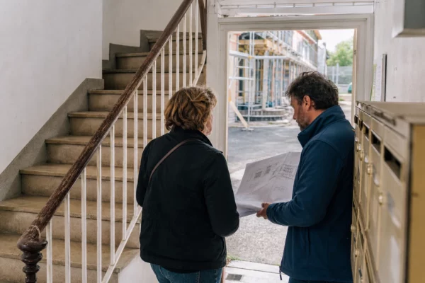 Habitants anonymes dans la cage d’escalier d’un immeuble en reconstruction après les incendies en Gironde
