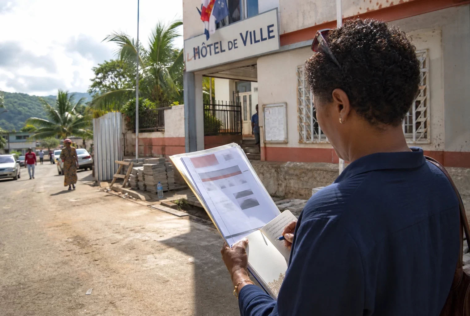 Élue locale anonyme consultant un dossier de reconstruction devant une mairie à Mayotte, sous une lumière claire