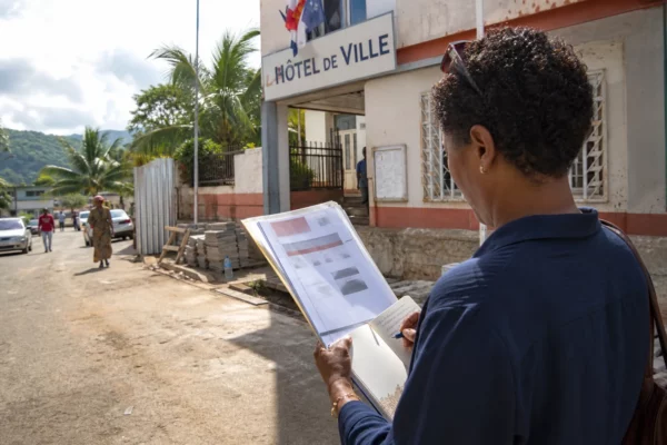Élue locale anonyme consultant un dossier de reconstruction devant une mairie à Mayotte, sous une lumière claire