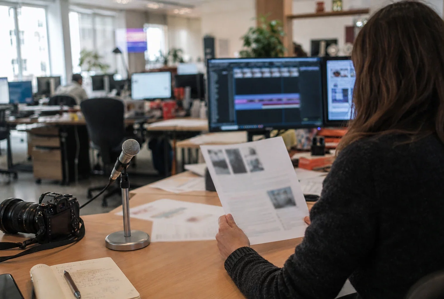 Rédaction française préparant un sujet judiciaire avec journaliste, micro et écrans aux textes flous