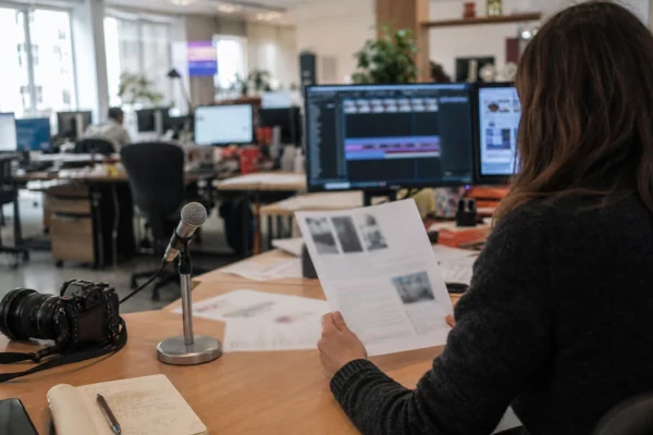 Rédaction française préparant un sujet judiciaire avec journaliste, micro et écrans aux textes flous