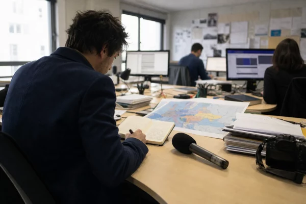 Journaliste préparant un sujet sur l’aide européenne à l’Ukraine dans une rédaction française lumineuse
