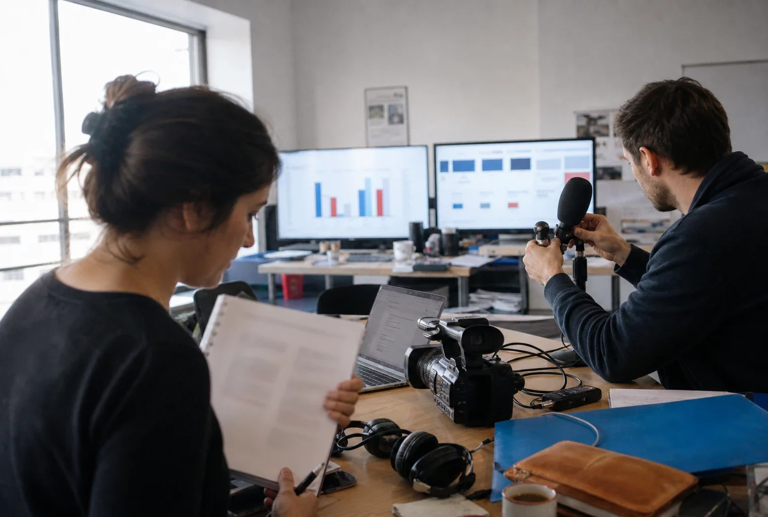 Journalistes préparant en rédaction un sujet sur le budget 2027 et la revalorisation des pensions de retraite