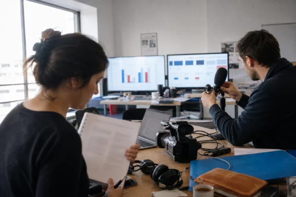 Journalistes préparant en rédaction un sujet sur le budget 2027 et la revalorisation des pensions de retraite