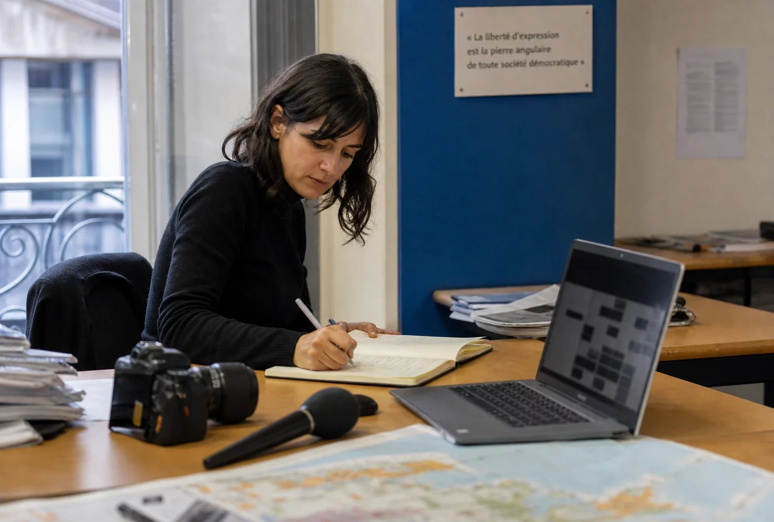 Un journaliste prépare un sujet sur Ceuta dans une rédaction lumineuse, avec carnet, micro et carte floue sur le bureau.