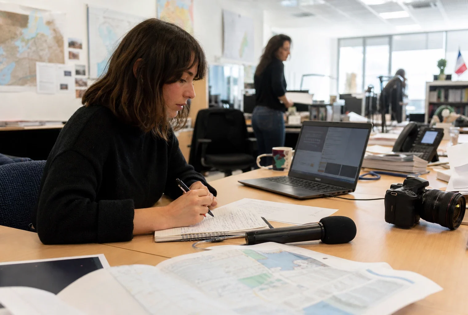 Journaliste en rédaction préparant un sujet sur Ceuta, avec carnet, micro et carte floue sur un bureau lumineux