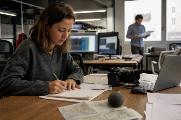 Journaliste en rédaction préparant un sujet sur l’adaptation au climat, avec carnet, carte et micro sans logo.
