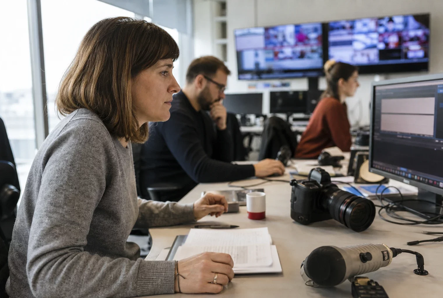 Une rédaction française lumineuse avec journalistes, micros et écrans flous autour d’un sujet de désinformation.