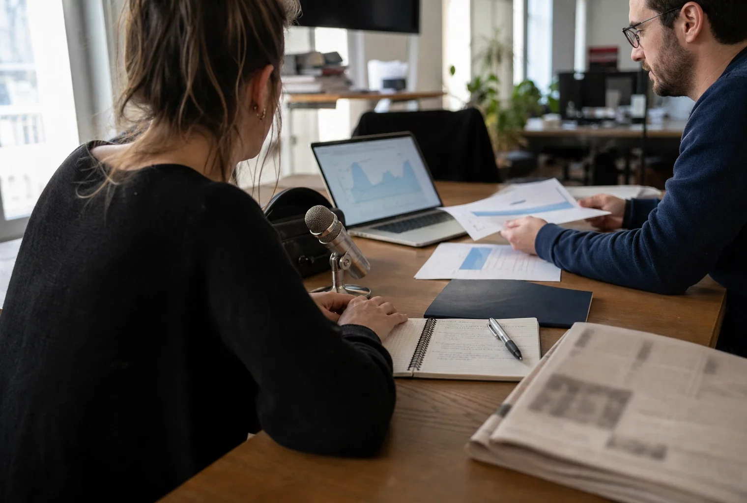 Rédaction française préparant un sujet sur la dette publique, avec ordinateur, carnet et microphone sans logo