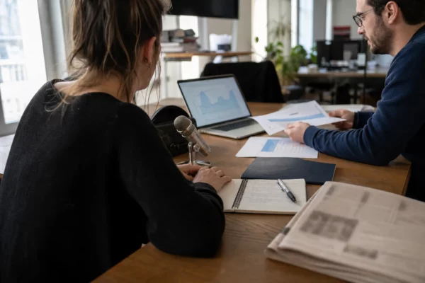 Rédaction française préparant un sujet sur la dette publique, avec ordinateur, carnet et microphone sans logo