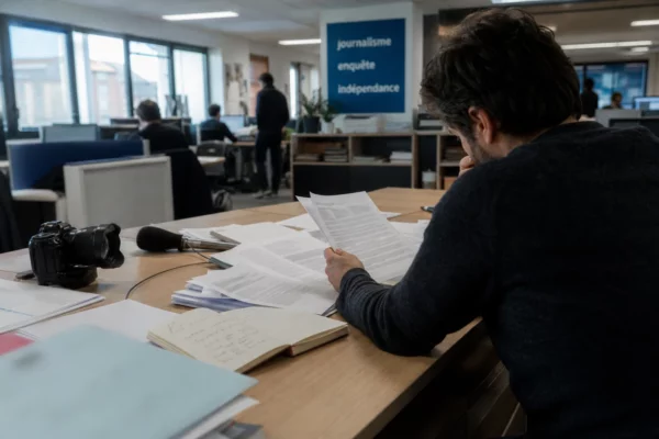 Journaliste anonyme enquêtant dans une rédaction française, entre documents flous, carnet, microphone et écrans abstraits