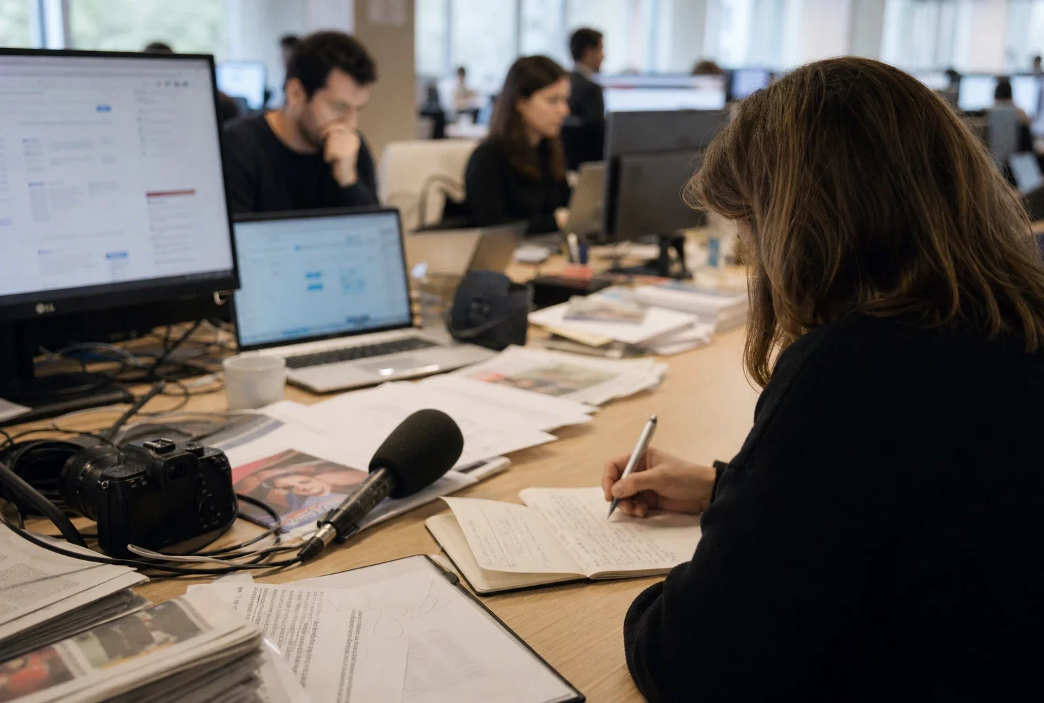 Journalistes dans une rédaction lumineuse avec micro, carnets et écrans flous autour d’une affaire publique.