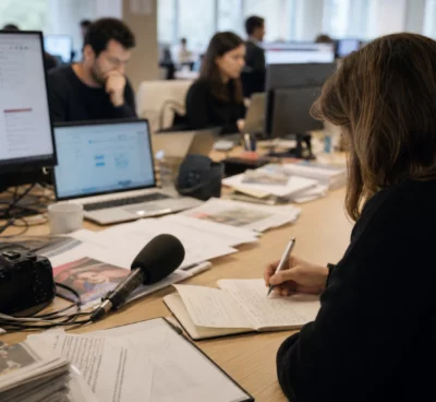 Journalistes dans une rédaction lumineuse avec micro, carnets et écrans flous autour d’une affaire publique.