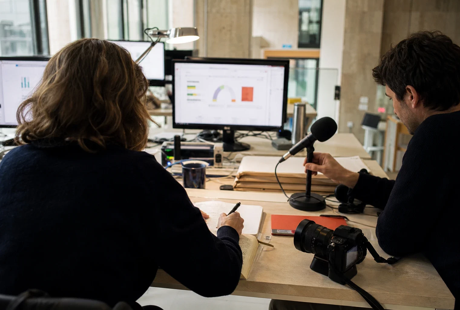 Journalistes anonymes en rédaction préparant un sujet sur une enquête d’ingérence numérique étrangère