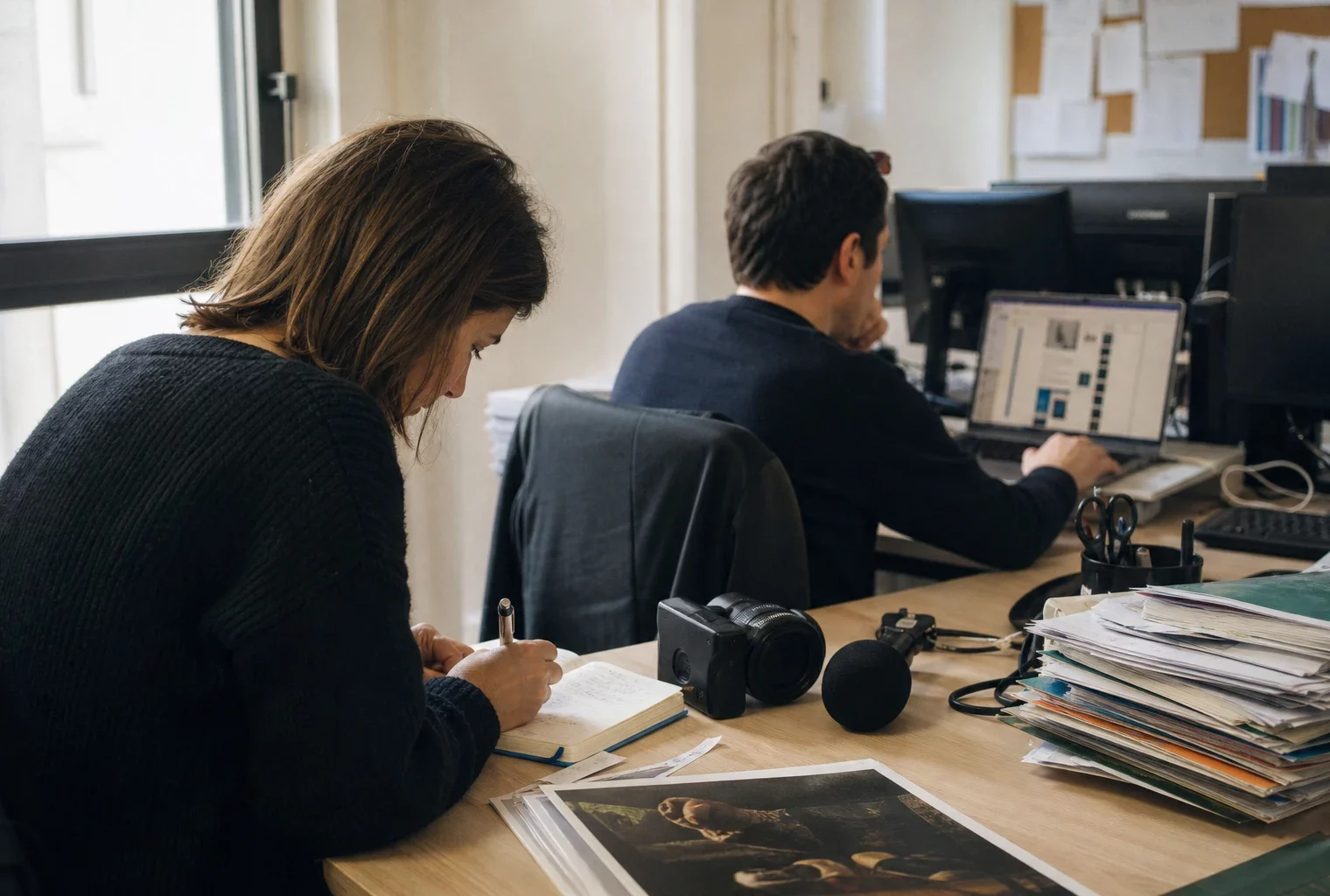 Journalistes dans une rédaction française, avec carnet, micro sans logo et écrans flous, en ambiance claire de reportage.