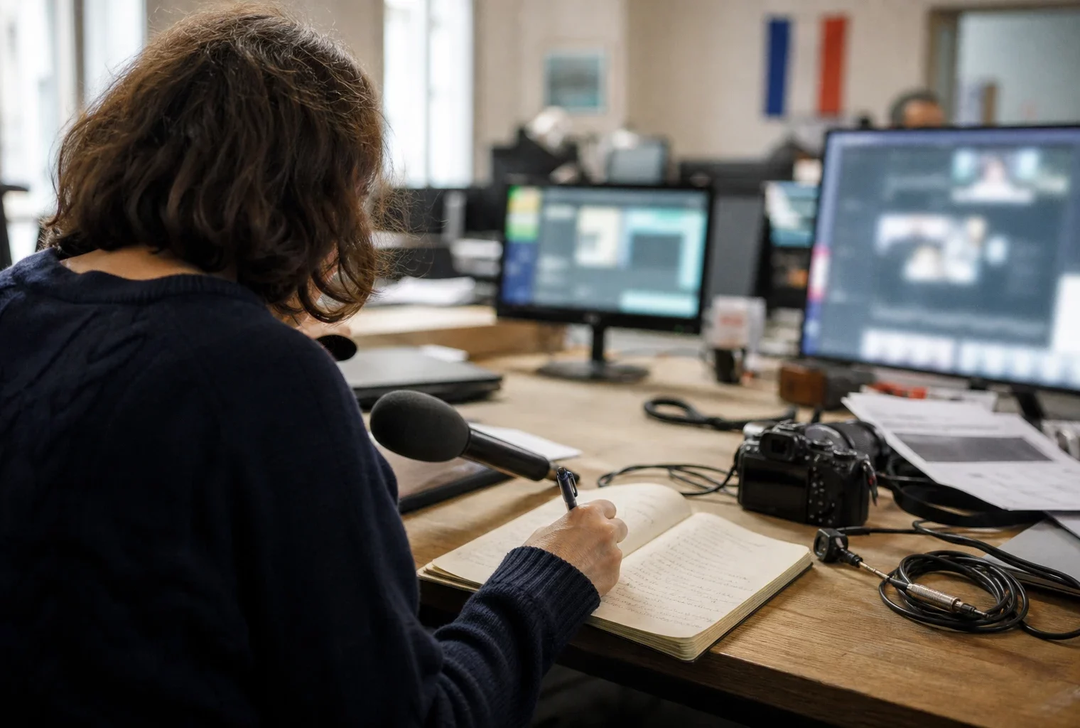 Journaliste anonyme préparant un sujet sur l’IA électorale dans une rédaction française lumineuse
