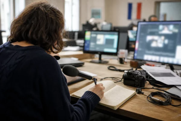 Journaliste anonyme préparant un sujet sur l’IA électorale dans une rédaction française lumineuse