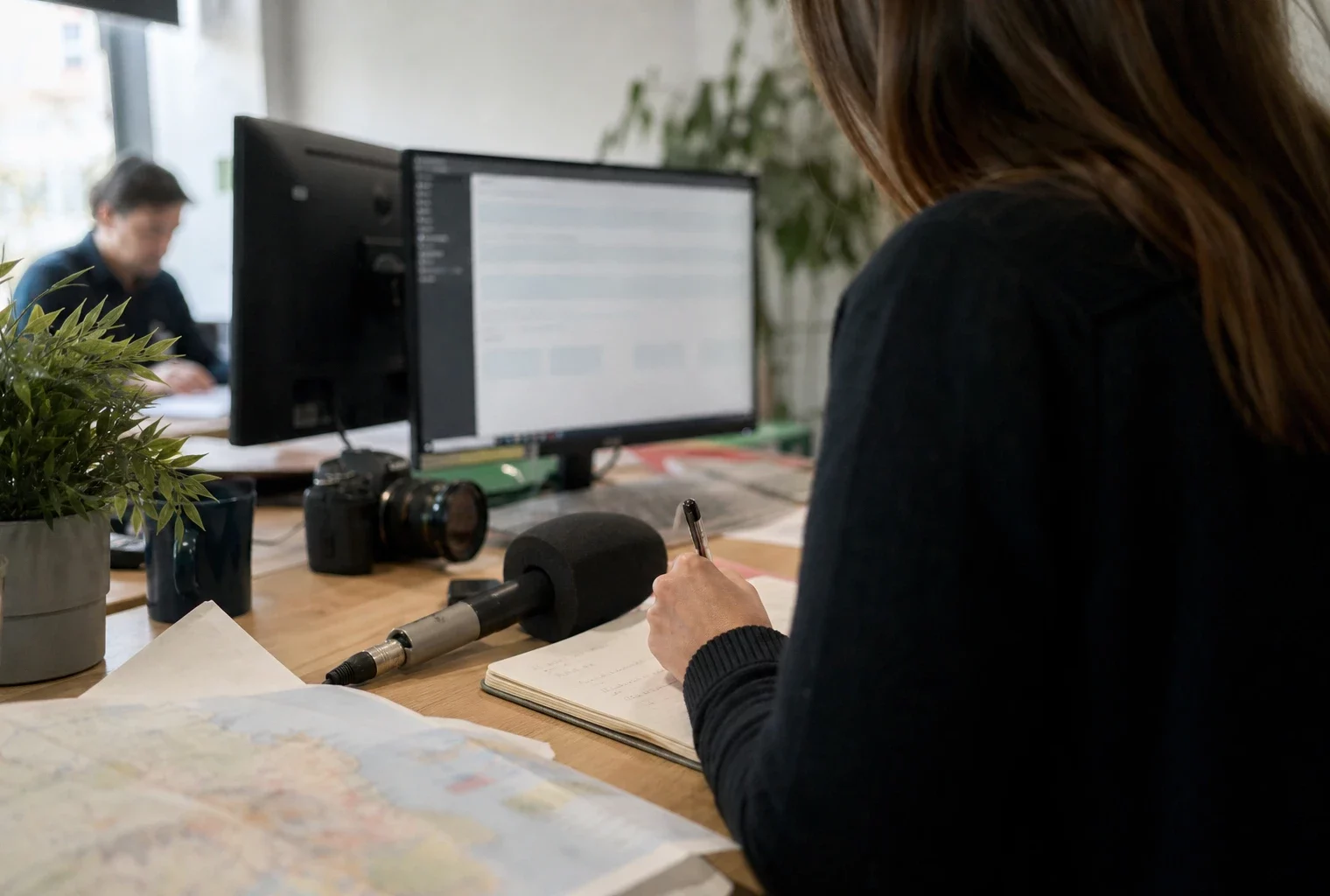 Journaliste préparant un sujet politique dans une rédaction française, avec carnet, micro et carte papier floue