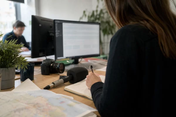 Journaliste préparant un sujet politique dans une rédaction française, avec carnet, micro et carte papier floue