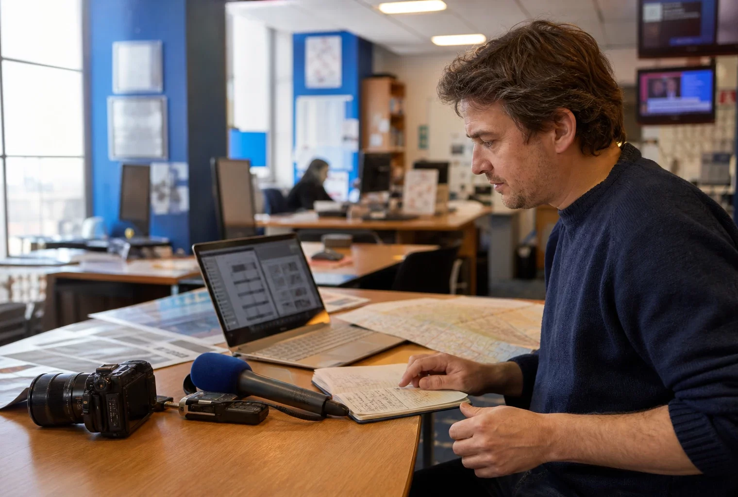 Journaliste préparant un sujet agricole dans une rédaction française, avec carnet, micro et carte floue sur la table.