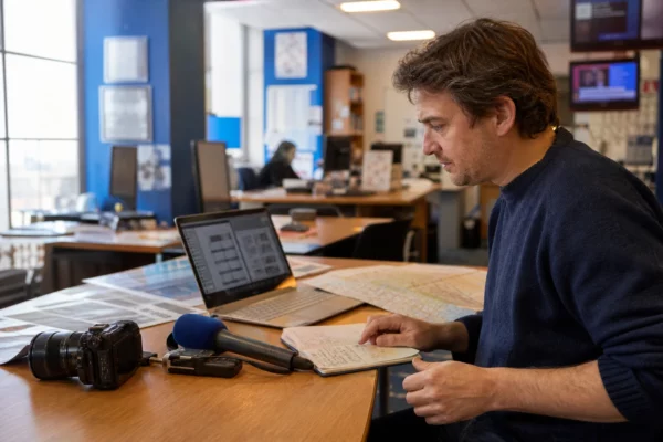 Journaliste préparant un sujet agricole dans une rédaction française, avec carnet, micro et carte floue sur la table.