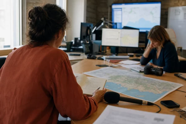 Journalistes préparant dans une rédaction locale un sujet sur les aides après les incendies dans le Var