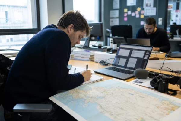 Journaliste en rédaction préparant un sujet territorial avec carnet, micro et carte papier floue