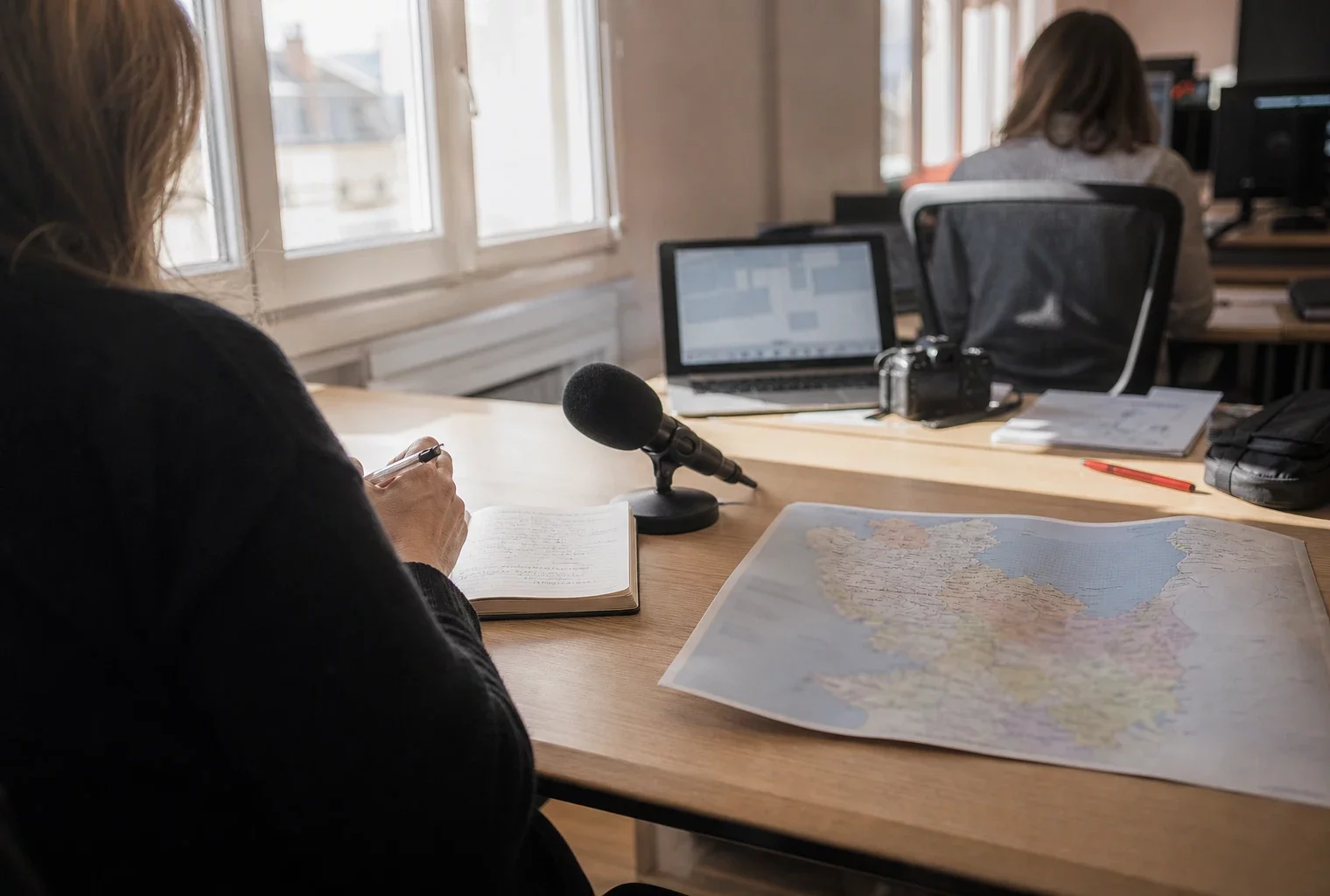 Journaliste préparant un sujet politique dans une rédaction locale, avec micro, carnet et carte départementale floue
