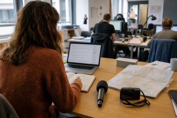 Journaliste préparant un sujet politique dans une rédaction locale, avec carnet, carte régionale et micro sans logo