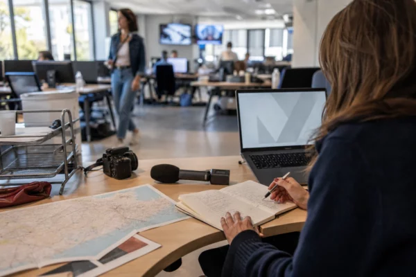 Journaliste préparant un sujet politique territorial dans une rédaction locale française, avec carnet et carte floue
